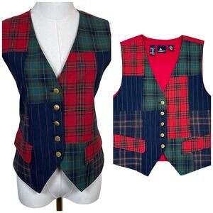 Vintage Lizsport Patchwork Tartan Plaid Vest Women M Red Green Wool Blend